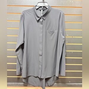 Athleta Black Long Sleeve Button Front Blouse Open Cuff Slit Stretch Top Size L